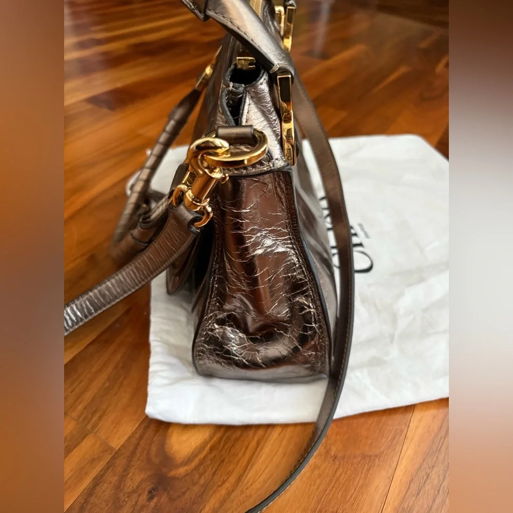 Chloe Small Marcie Metallic Bronze/Gold Crossbody Satchel, NEW - Picture 7 of 17